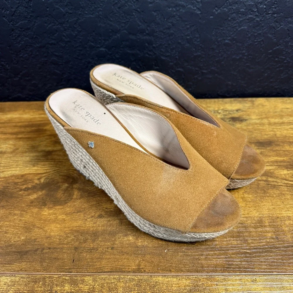 Kate Spade Suede‎ Espadrille Wedge Tan Suede Mule Sandals Womens Size 7.5